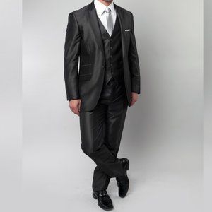 Dark Charcoal Mens 3pc Suit w/ Peak Lapel & Pick Stitch Finish by Tazio